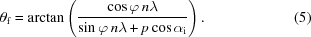 [\theta_{\rm{f}} = \arctan \left( {{ \cos\varphi\,n\lambda }\over{ \sin\varphi\, n\lambda+p\cos\alpha_{\rm{i}} }} \right) . \eqno (5)]